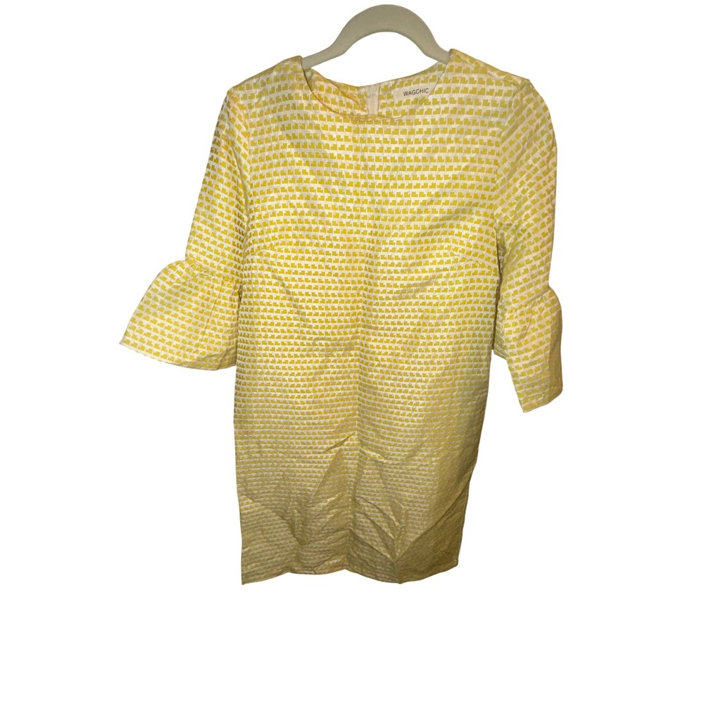 Wagchic Yellow White Jacquard Ruffle Sleeve Shift Dress Size 10